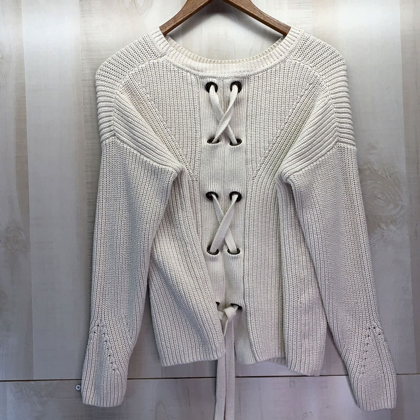 Lucky Brand Lucky Brand Women’s Lace Up Back Knit Ivory Sweater M, Knit, Pullover, 3/4 Sleeve, Regular, Ivory, Womens, Fall Winter Spring, Casual Size M / US 6-8 / IT 42-44 - 5 Thumbnail