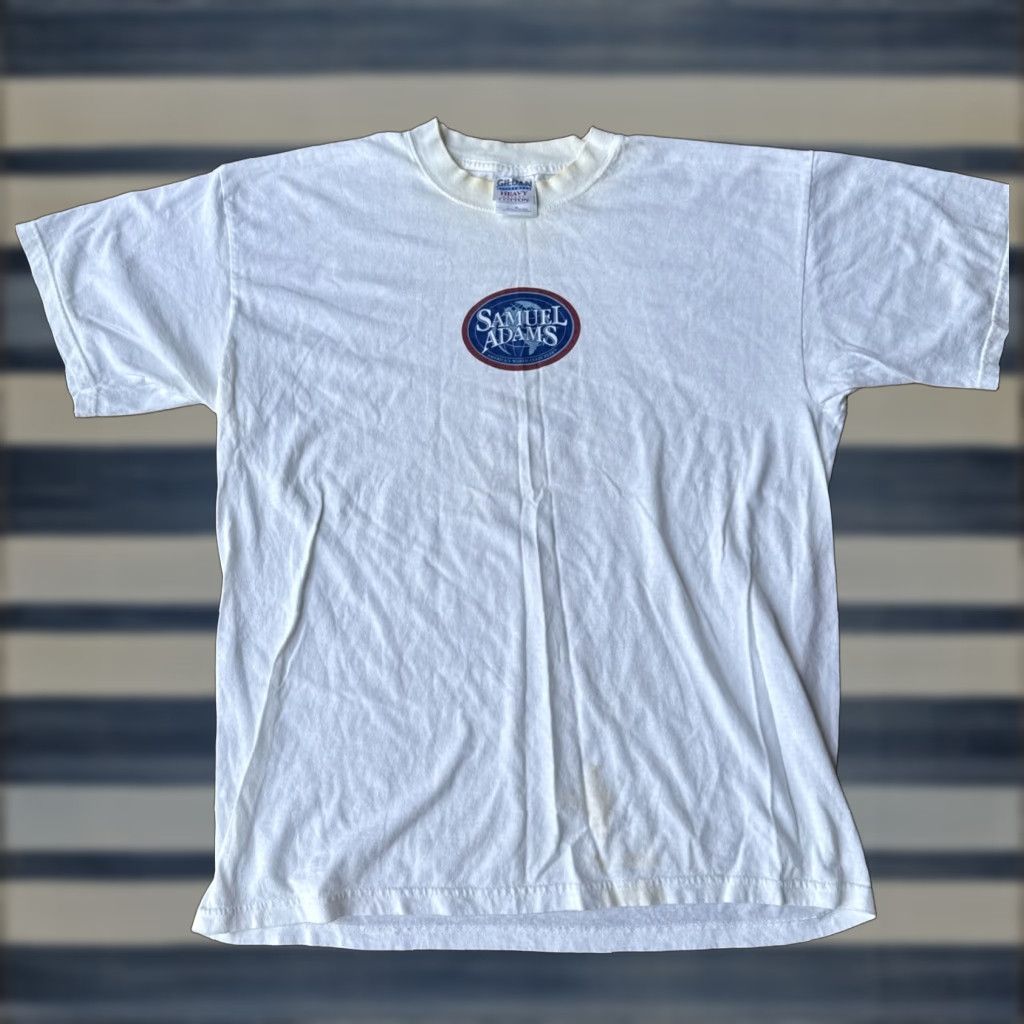 Gildan VINTAGE Samuel Adams Beer Promo T-Shirt XL Men White Cotton Short Sleeve Crew Neck Logo 1990s 2000s Hanes Heavyweight Size US XL / EU 56 / 4 - 1 Thumbnail