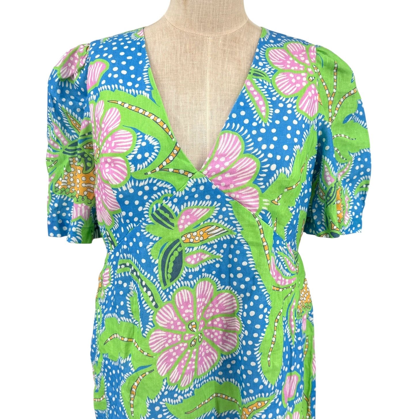 RHODE Rhode Mariana Dress Blue Psychedelic Flower Linen 14 NWT Size XL / US 12-14 / IT 48-50 - 3 Thumbnail