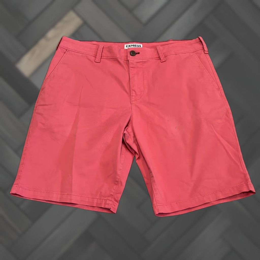 Express Express Slim Fit Chino Shorts Mens 32 Coral Red Flat Front Preppy Golf Size US 32 / EU 48 - 1 Thumbnail