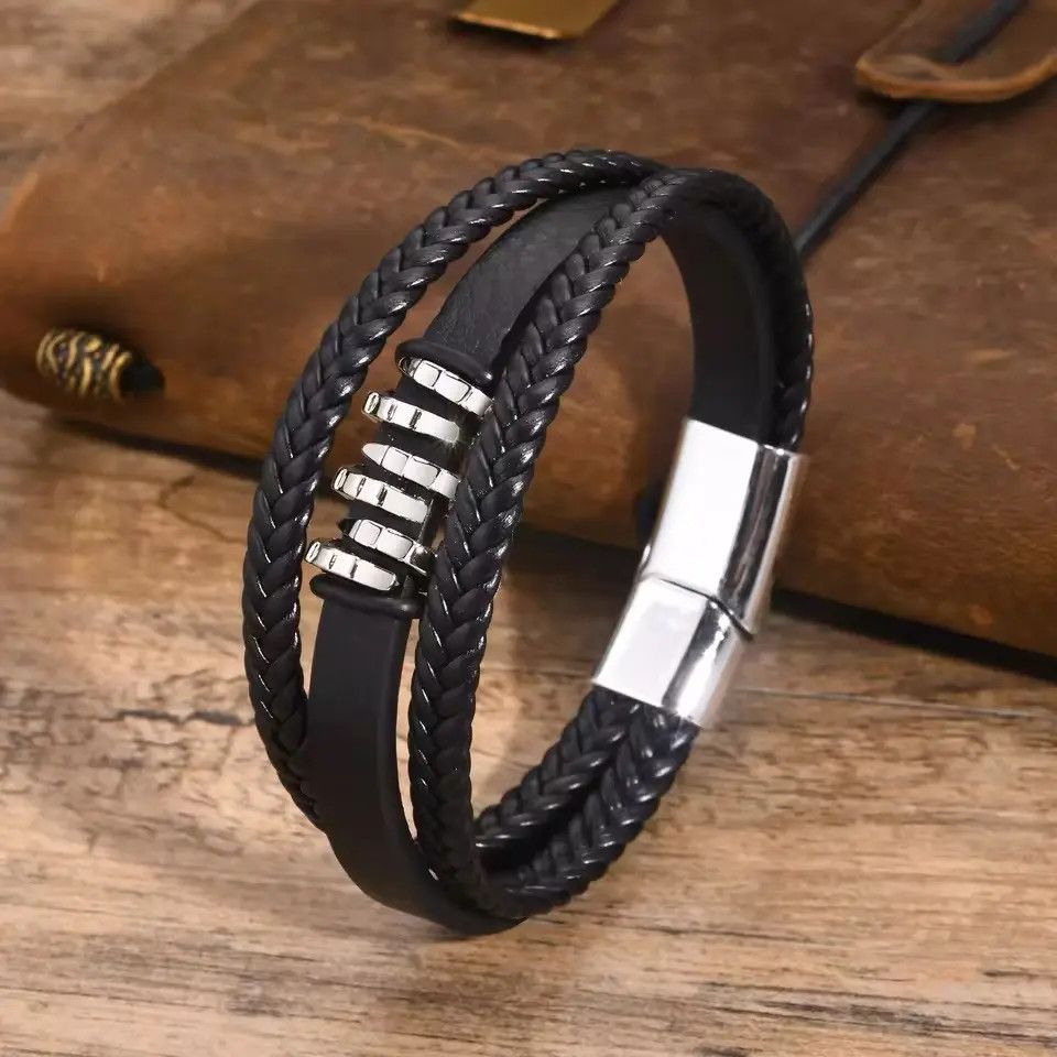 Jewelry × Leather New Style Gentle Black Mens Bracelet PU Leather Size ONE SIZE - 4 Thumbnail