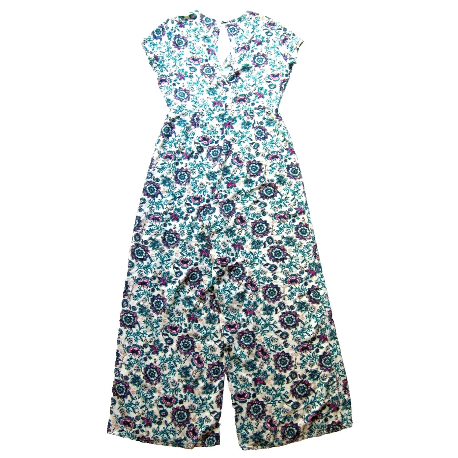 Pinko VINTAGE Miami 100% Rayon Green Pink Floral Cap Sleeve Wide Leg Romper Jumpsuit Small Size 28" / US 6 / IT 42 - 2 Thumbnail