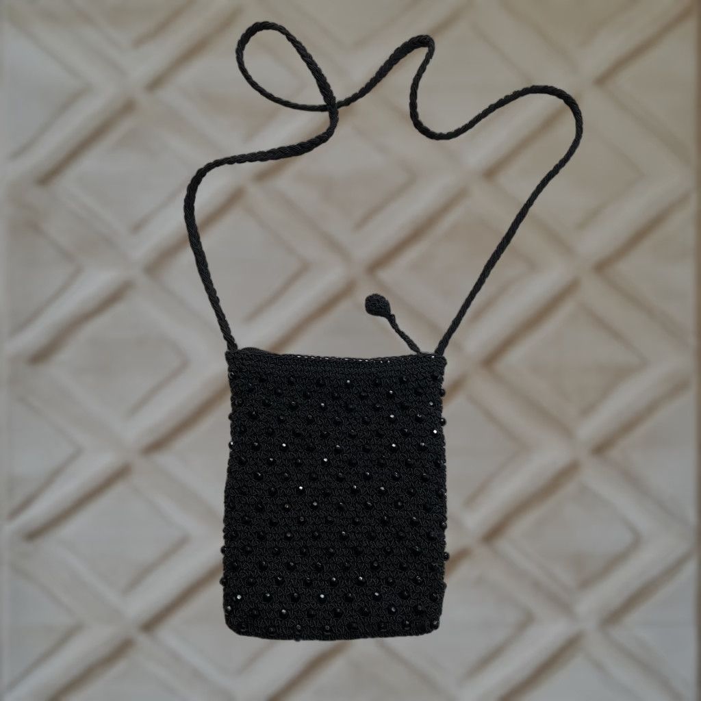 Vintage Unbranded Small Pouch Bag Shoulder Strap Black Zip Pocket Satin Knit Elastolefin Rhinestones Bag Size ONE SIZE - 1 Thumbnail
