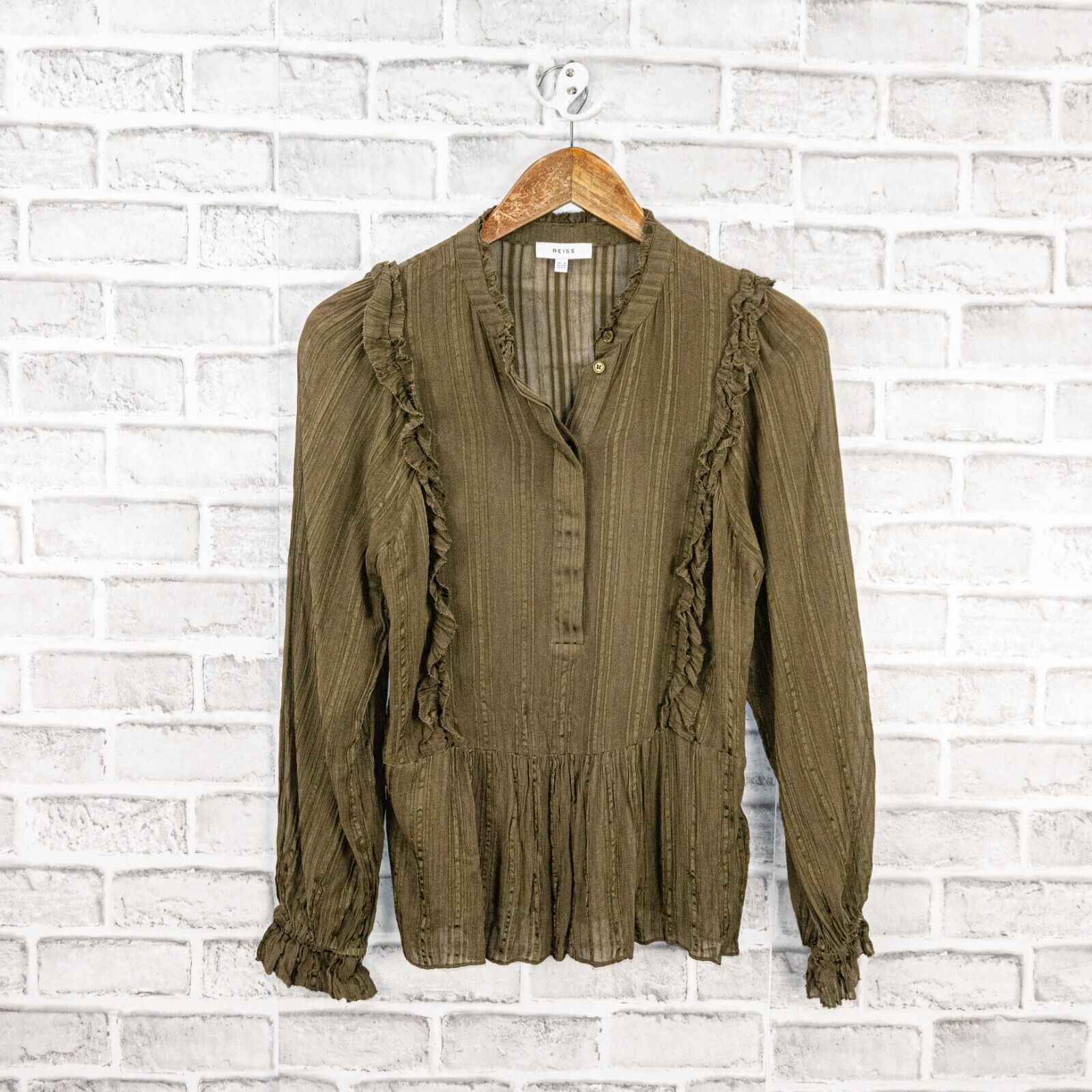 Reiss REISS Alandra Sheer Ruffle Blouse 1/2 button in olive green Size XS / US 0-2 / IT 36-38 - 6 Thumbnail