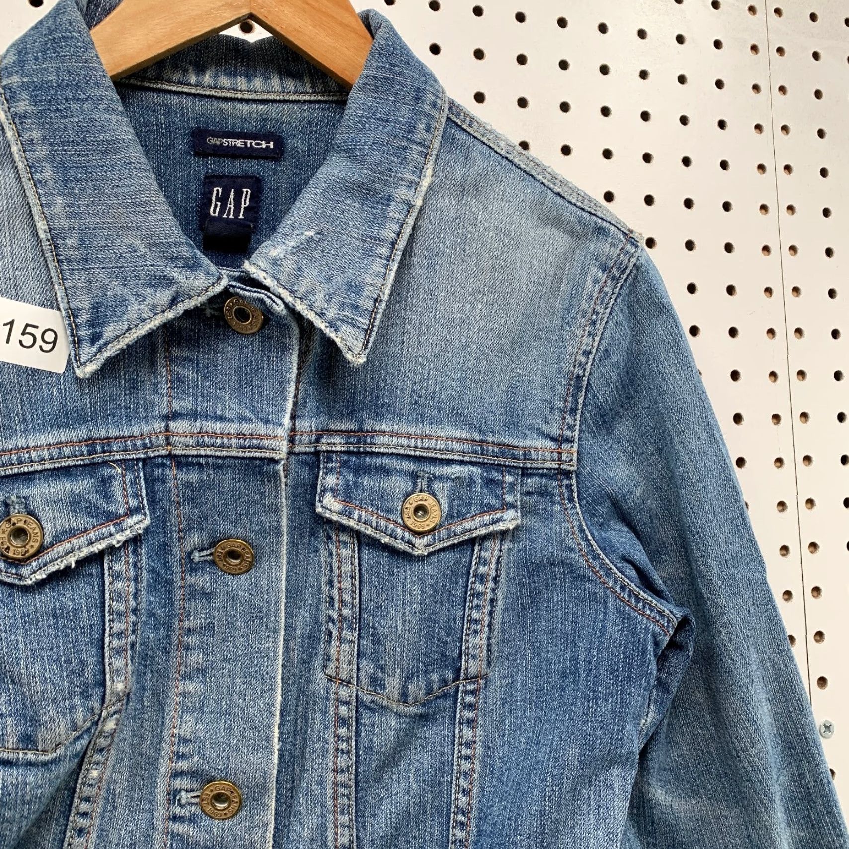Gap VINTAGE Gap Denim Jacket Womens M Stretch Moto Flap Pocket Trucker Blue Den im Size 32" / US 10 / IT 46 - 7 Thumbnail