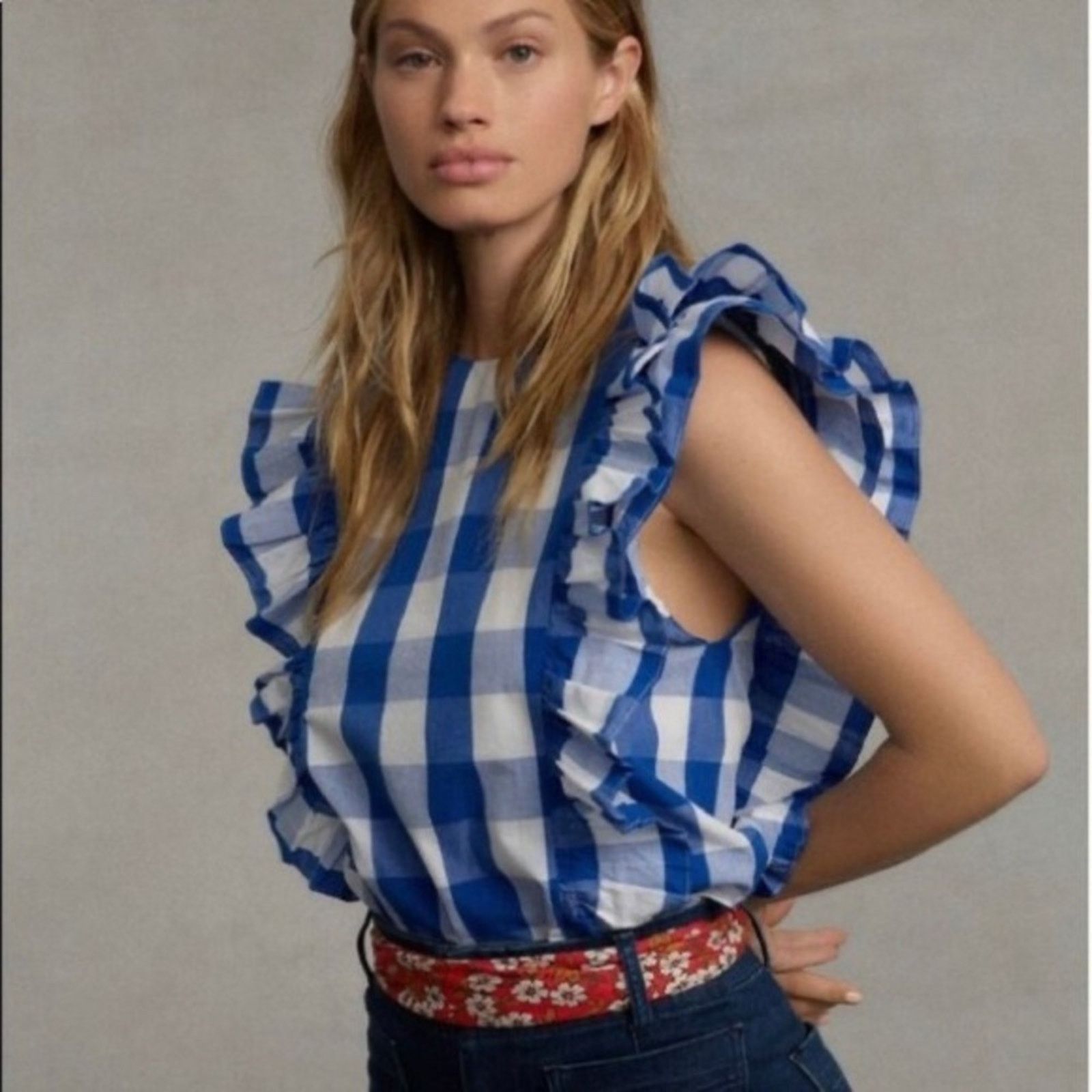 Anthropologie ANTHROPOLOGIE Blue Gingham Checkered Ruffle Sleeveless Top Size XS / US 0-2 / IT 36-38 - 1 Thumbnail