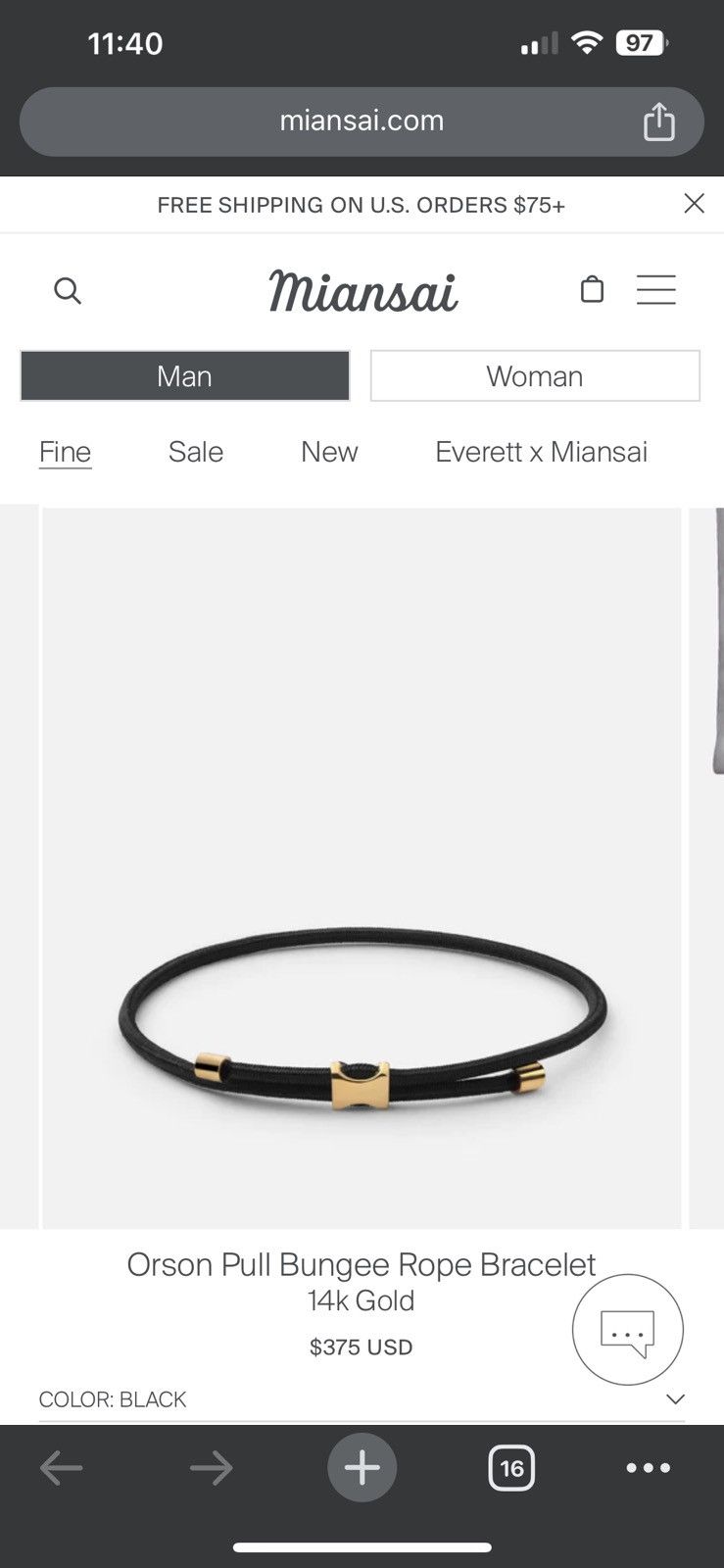 image of Miansai Orson Pull Bungee Rope Bracelet 14K Gold in Black, Men's