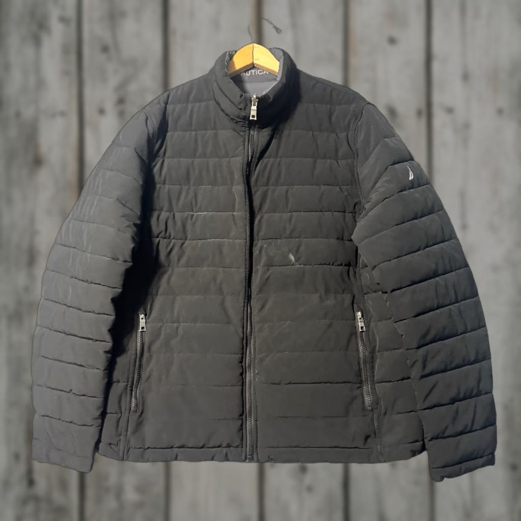 Nautica Puffer Jacket Men XL Black Embroidered Logo Thrashed Stained Logo N/A