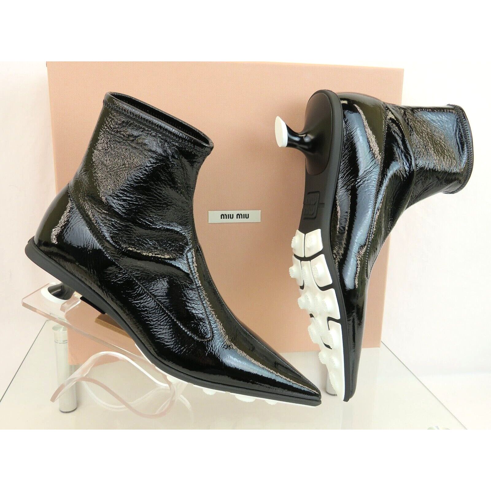 image of Miu Miu 5T560D Black Stretch Kitten Heel Shoes Pointed Toe Ankle Boots 38, Women's