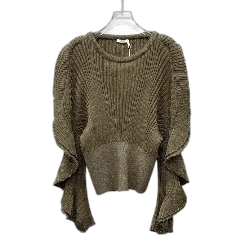 Chloe Olive Green Knit Sweater with Ruffled Sleeves