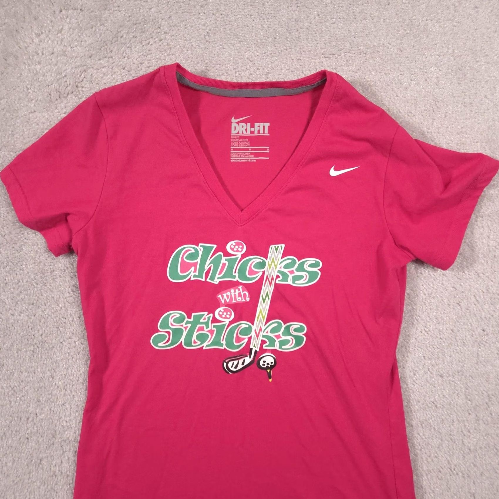 Nike Nike Dri-FIT Shirt Womens Medium Pink V Neck Short Sleeve Chicks With Sticks Size M / US 6-8 / IT 42-44 - 4 Thumbnail