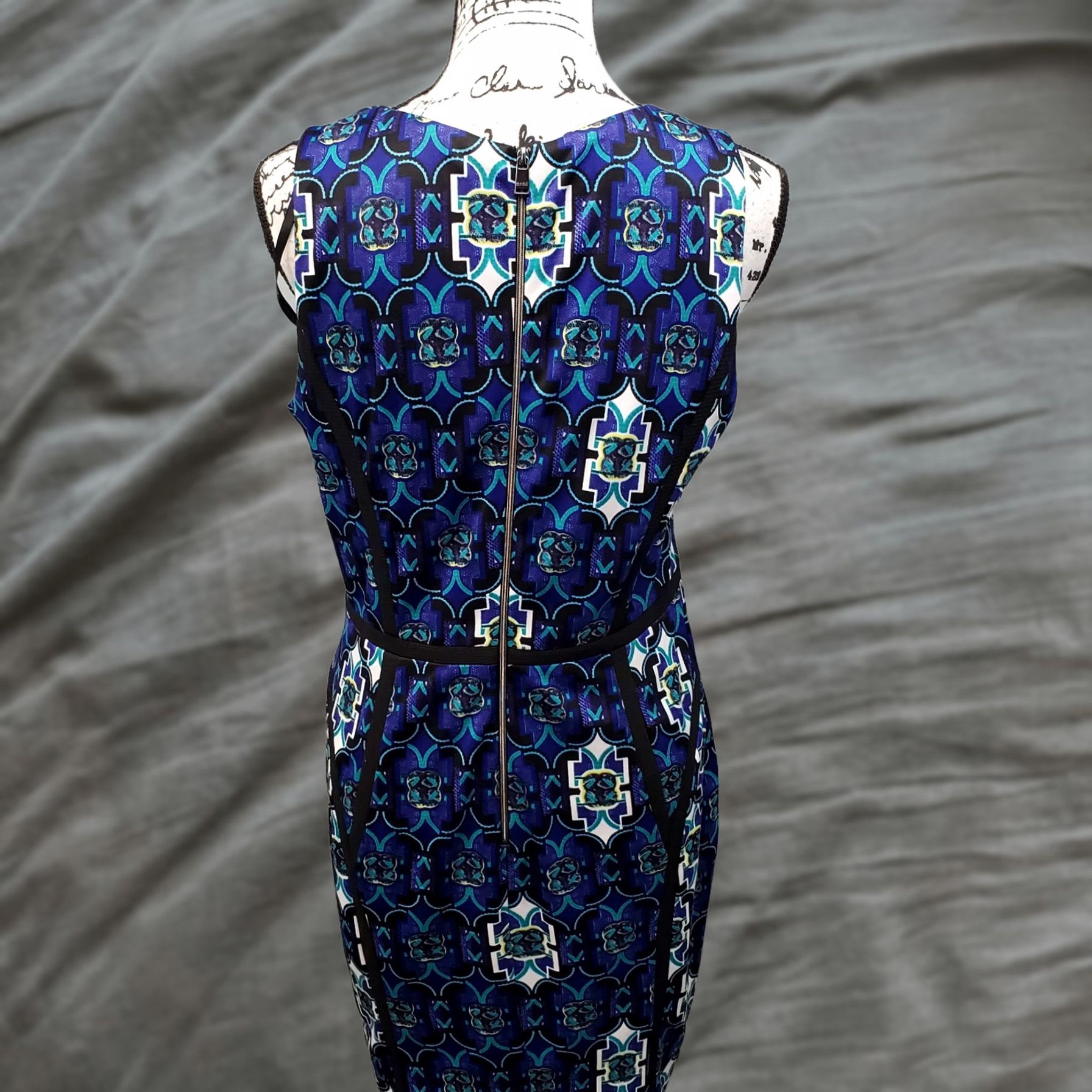 Andrew Marc Andrew Marc Sheath Dress Women Size 10 Multicolor Geometric Black Trimming Midi Sleeveless Scoop Neck Size L / US 10 / IT 46 - 1 Thumbnail