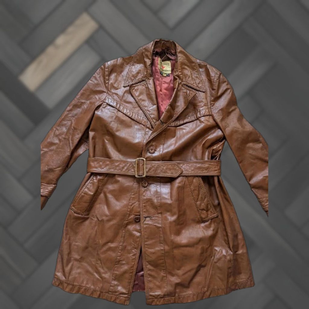Vintage VINTAGE brown leather TRENCH COAT belted 42 M Field & Stream Coat Men XS-XL? Size US M / EU 48-50 / 2 - 1 Thumbnail