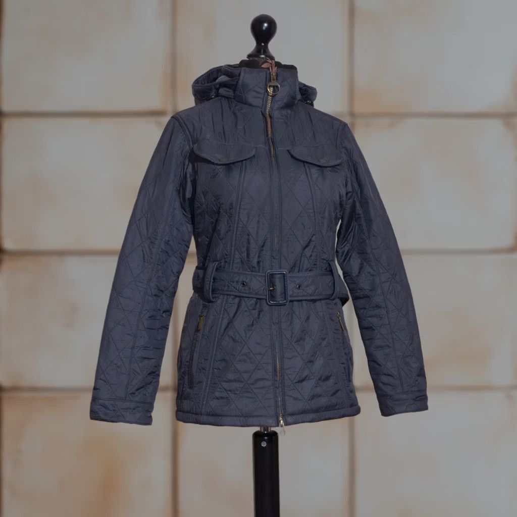 Barbour Barbour Grace Polarquilt Navy Quilted Belted Hooded Zip Pockets Jacket Womens UK10 US6 - Barbour Quilted Coat Core Size L / US 10 / IT 46 - 1 Thumbnail
