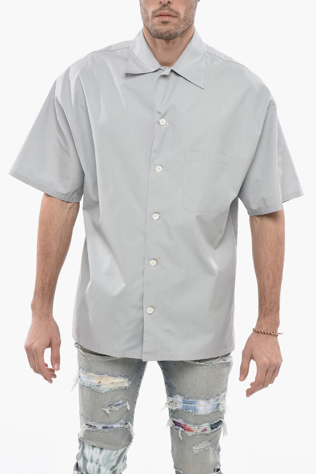 image of Alexander Mcqueen Og1Mm0423 Cotton Bowling Shirt In Grey, Men's (Size Small)
