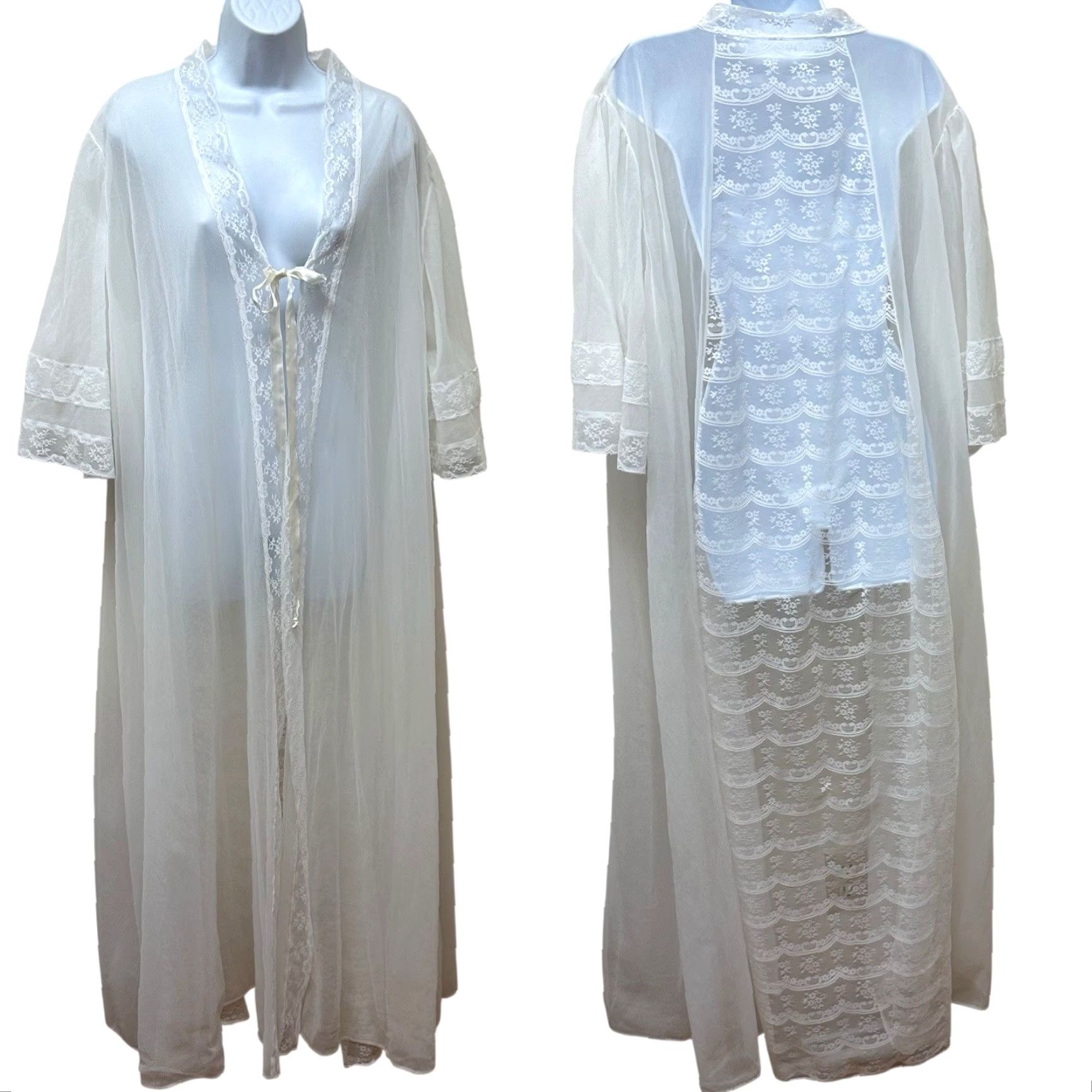 Vintage VINTAGE Elise Stevens White Sheer Chiffon Lace Nylon Peignoir Robe Plus Size 2X Size ONE SIZE - 2 Thumbnail
