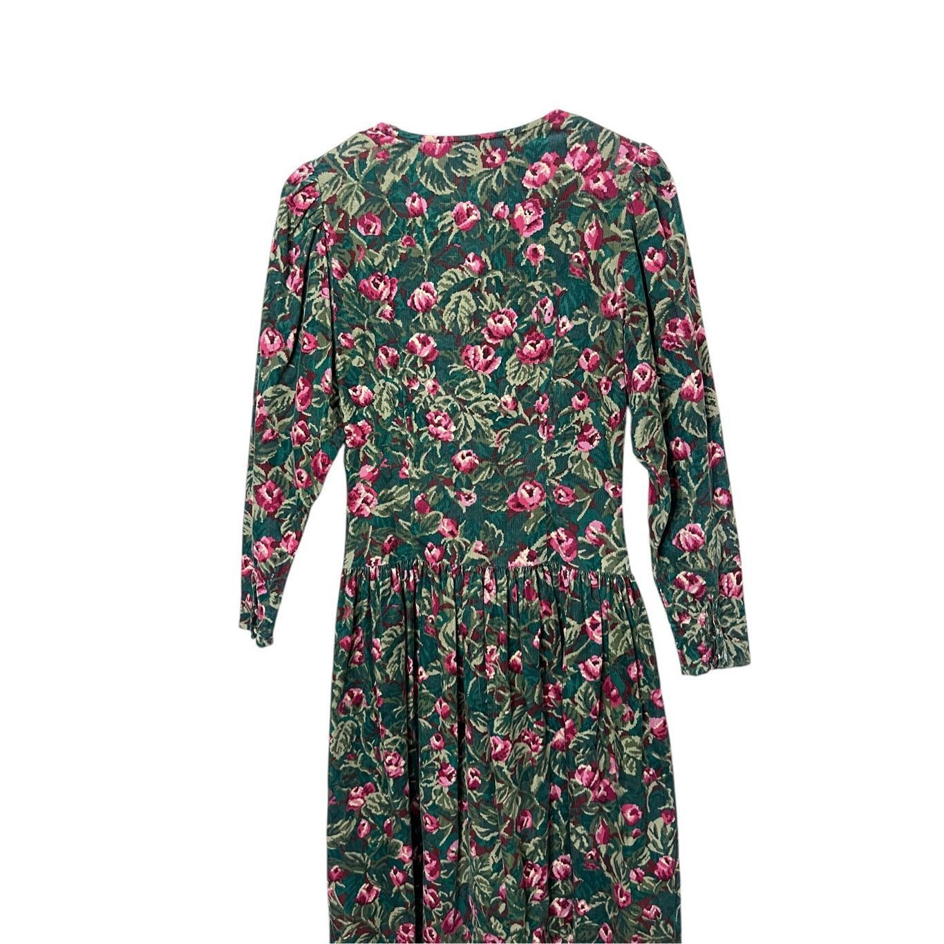 Other Vintage Eileen West Green Pink Floral Corduroy Maxi Dress Si Size M / US 6-8 / IT 42-44 - 9 Thumbnail