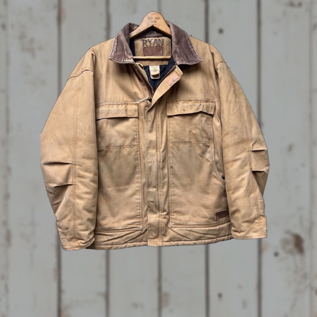 Vintage VINTAGE C.E. Schmidt Work Jacket Brown Tan Cotton Canvas Zip L 90s Mens Regular Short Brown Lining Polyester Quilted Distressed Logo Coat/Jacket Size US L / EU 52-54 / 3 - 1 Thumbnail