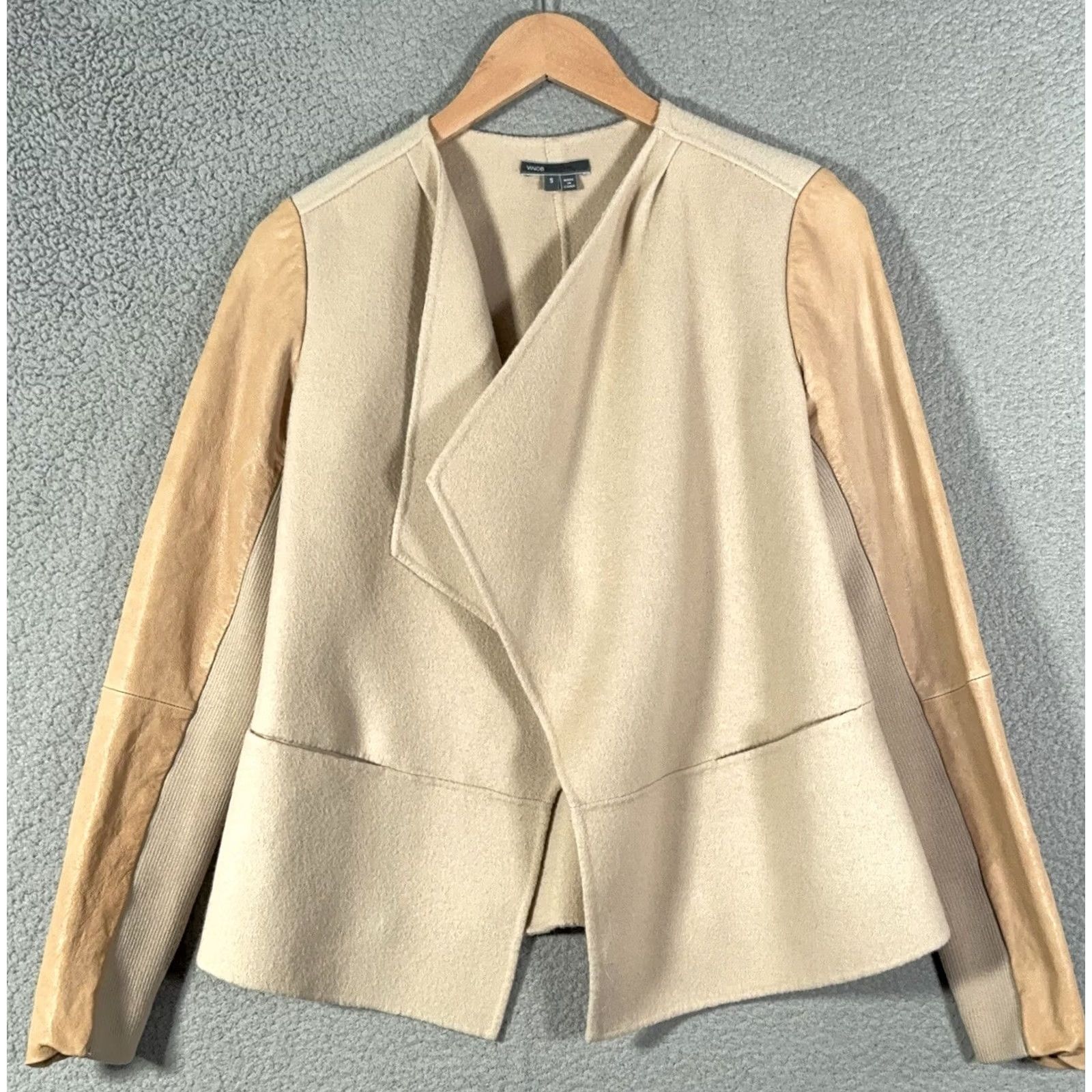 Vince Vince Womens Jacket Adult S Brown Wool Blend Lamb Leather Draped Coatigan Blazer Team: Vince Drape Neck Leather, Basic Designer Classy Open Front Size S / US 4 / IT 40 - 2 Thumbnail