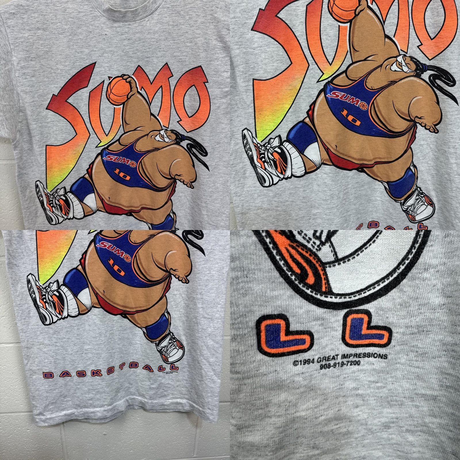 Fruit Of The Loom VINTAGE 90s Sumo Basketball Cartoon Graphic Single Stitch T-Shirt XL Gray Nike Size US XL / EU 56 / 4 - 8 Thumbnail