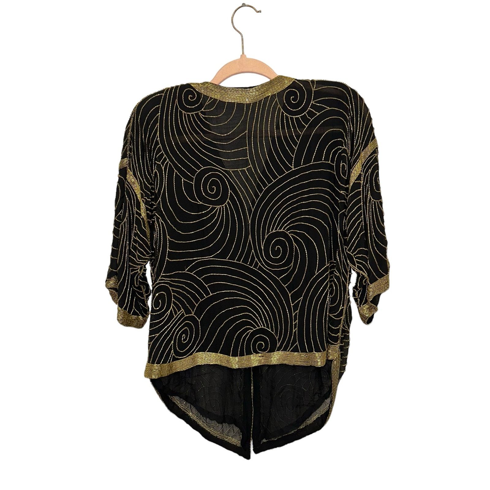 Vintage St. Honore Vintage Black & Gold Silk Beaded Jacket Top Size M / US 6-8 / IT 42-44 - 4 Thumbnail