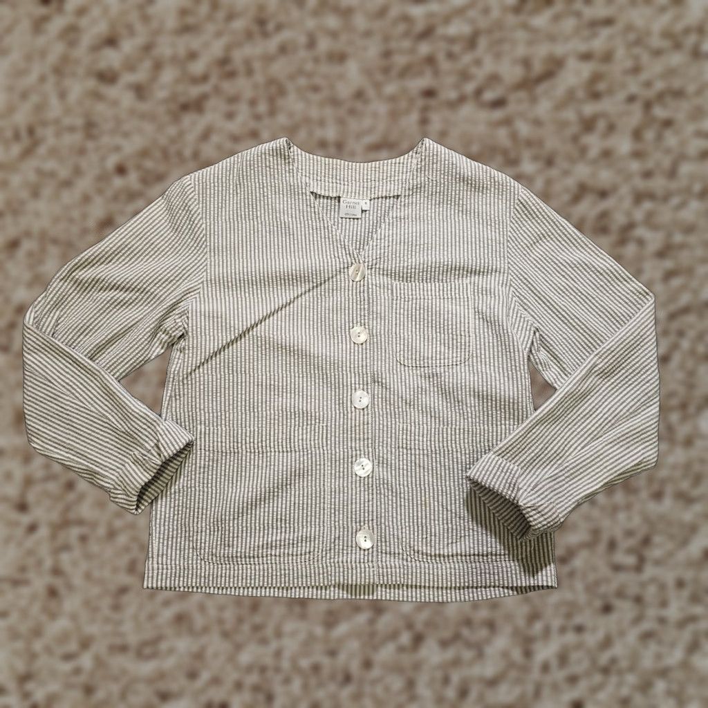 Vintage Garnet Hill Blouse Shirt Womens 6 Gray White Stripe Seersucker Long Sleeve Button V-Neck Classic Style Casual Size M / US 6-8 / IT 42-44 - 1 Thumbnail