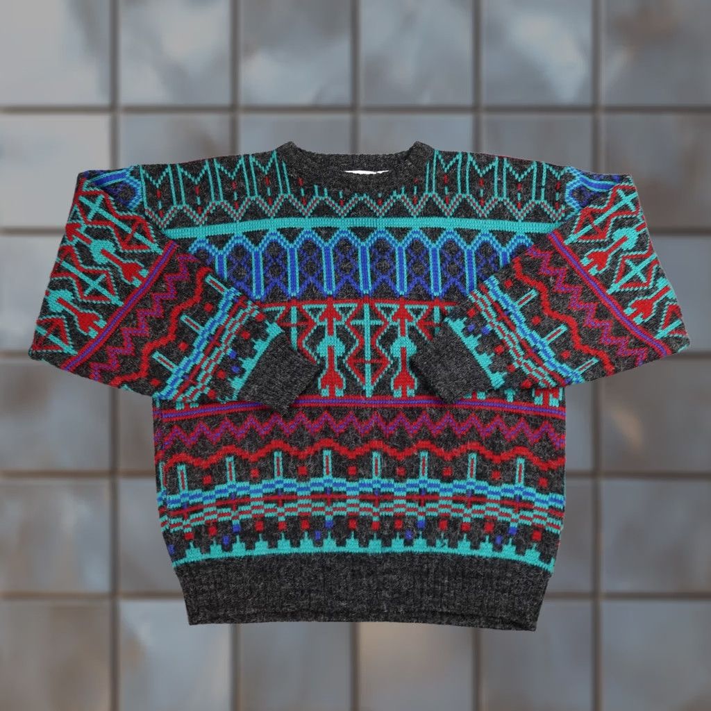 Vintage Vintage Jason Maxwell Sweater Mens Large Gray Blue Geometric Knit Pullover 80s - Red Size US L / EU 52-54 / 3 - 1 Thumbnail