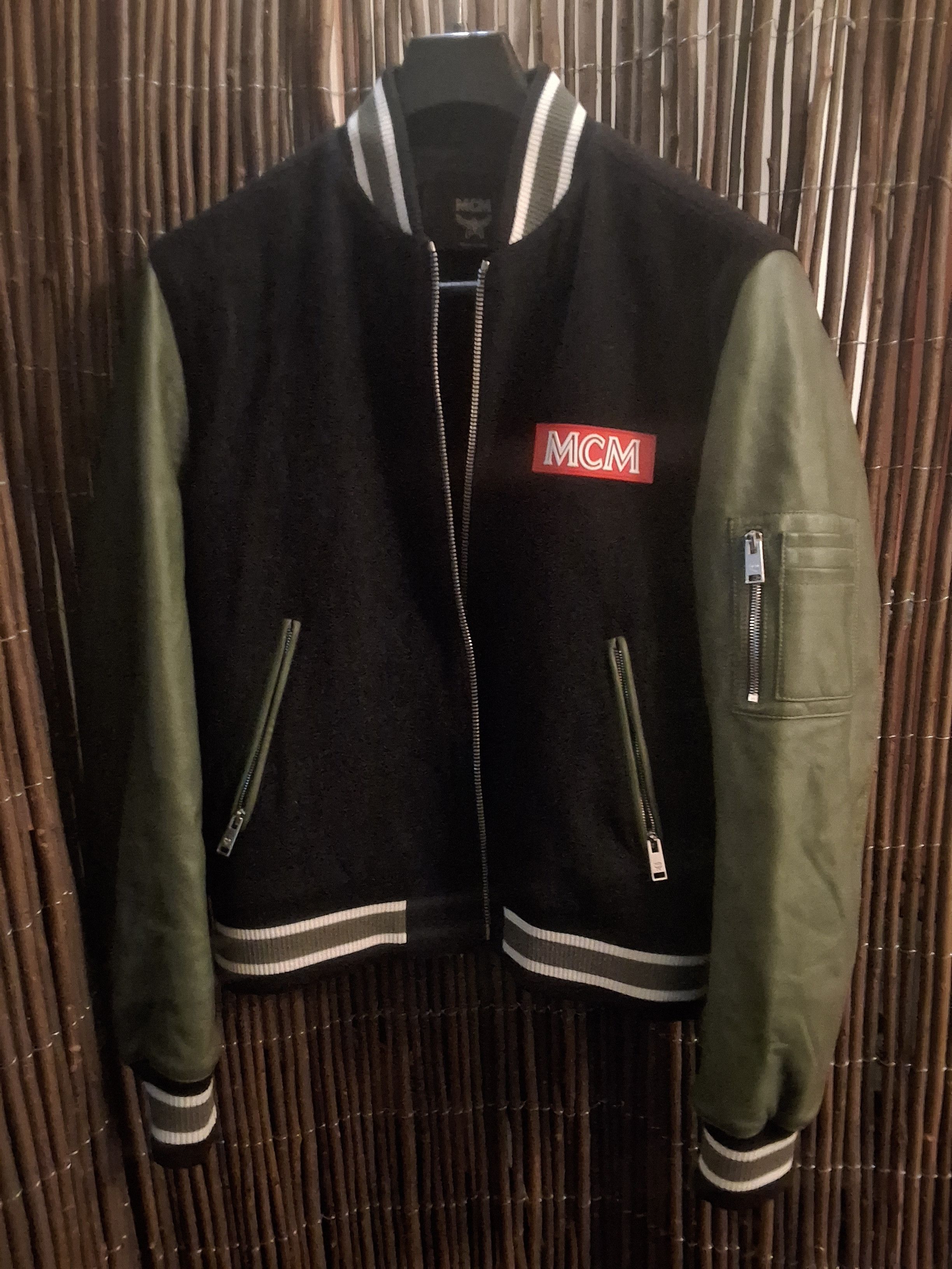 image of MCM College Jacket W/ Lamb Leather Sleeves, Made In Italy in Black/Green, Men's (Size Medium)