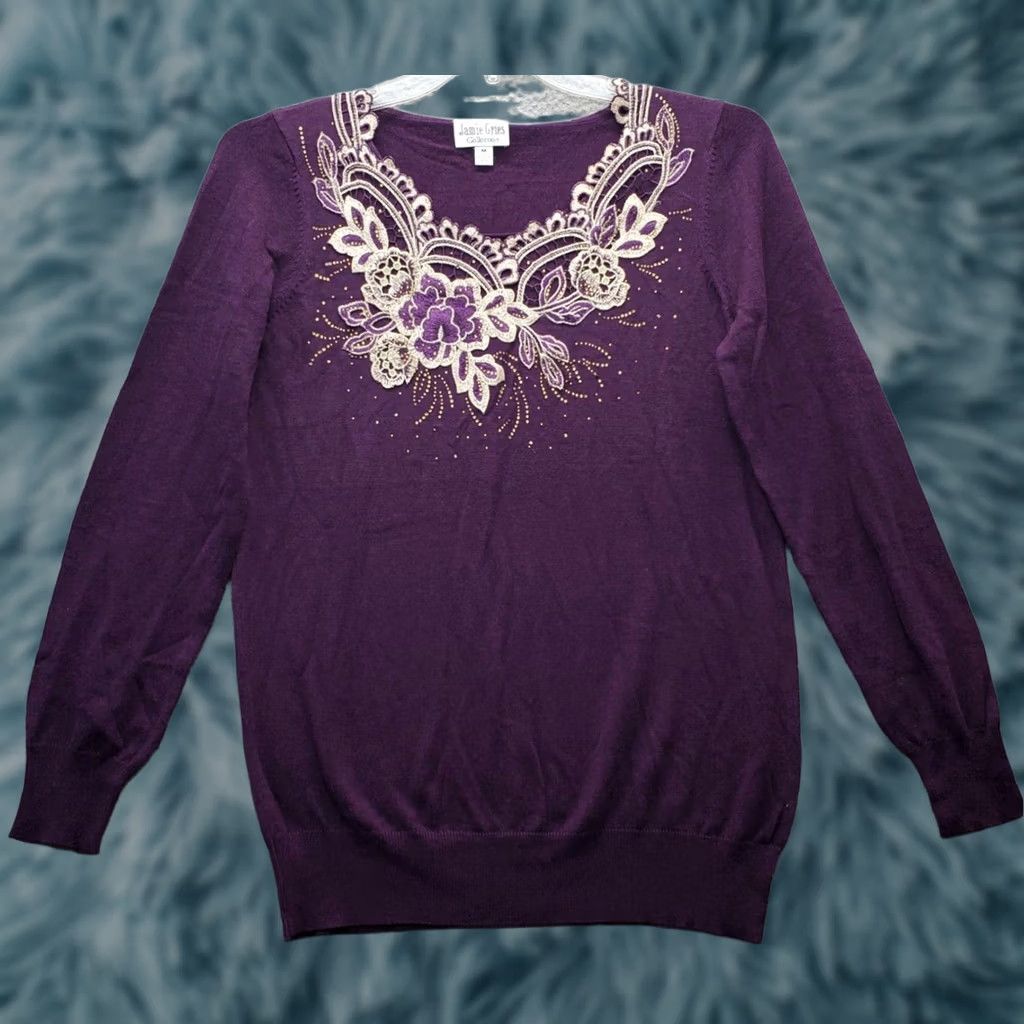 Vintage Jamie Gries Sweater Women's M Purple Knit Beaded Embroidered Pullover Size M / US 6-8 / IT 42-44 - 1 Thumbnail