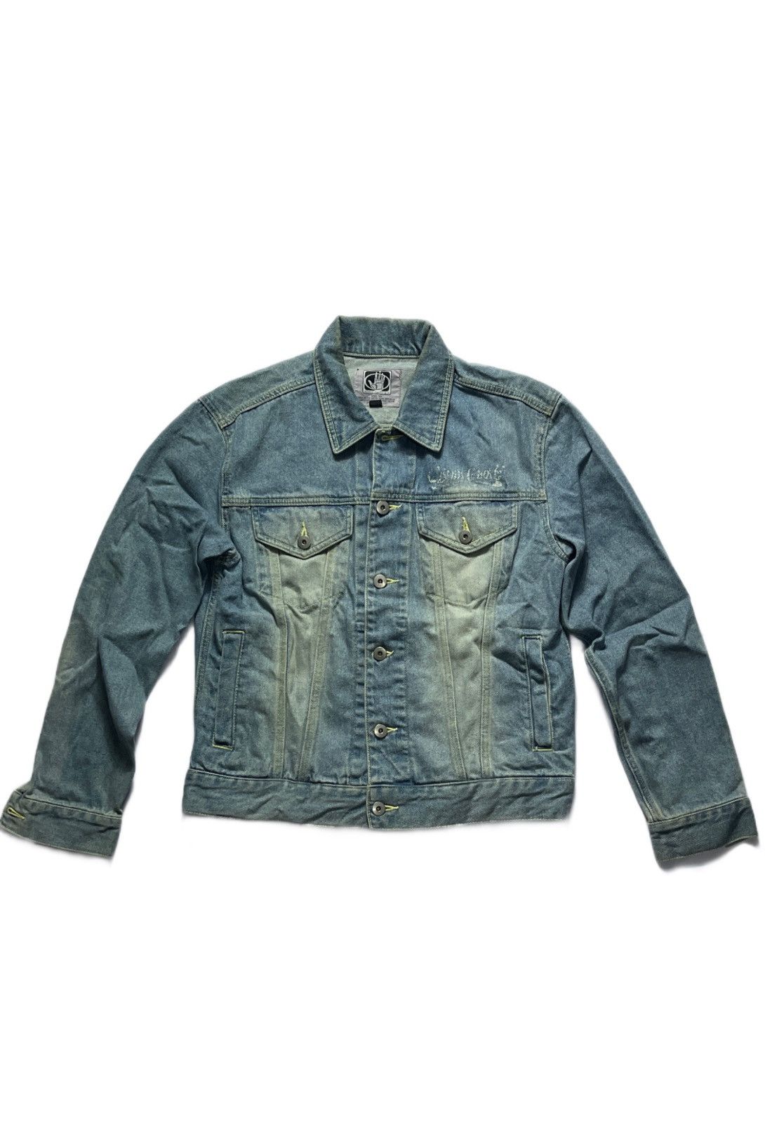 image of Vintage Body Glove Paint Art Y2K Denim Jacket in Blue, Men's (Size Medium)