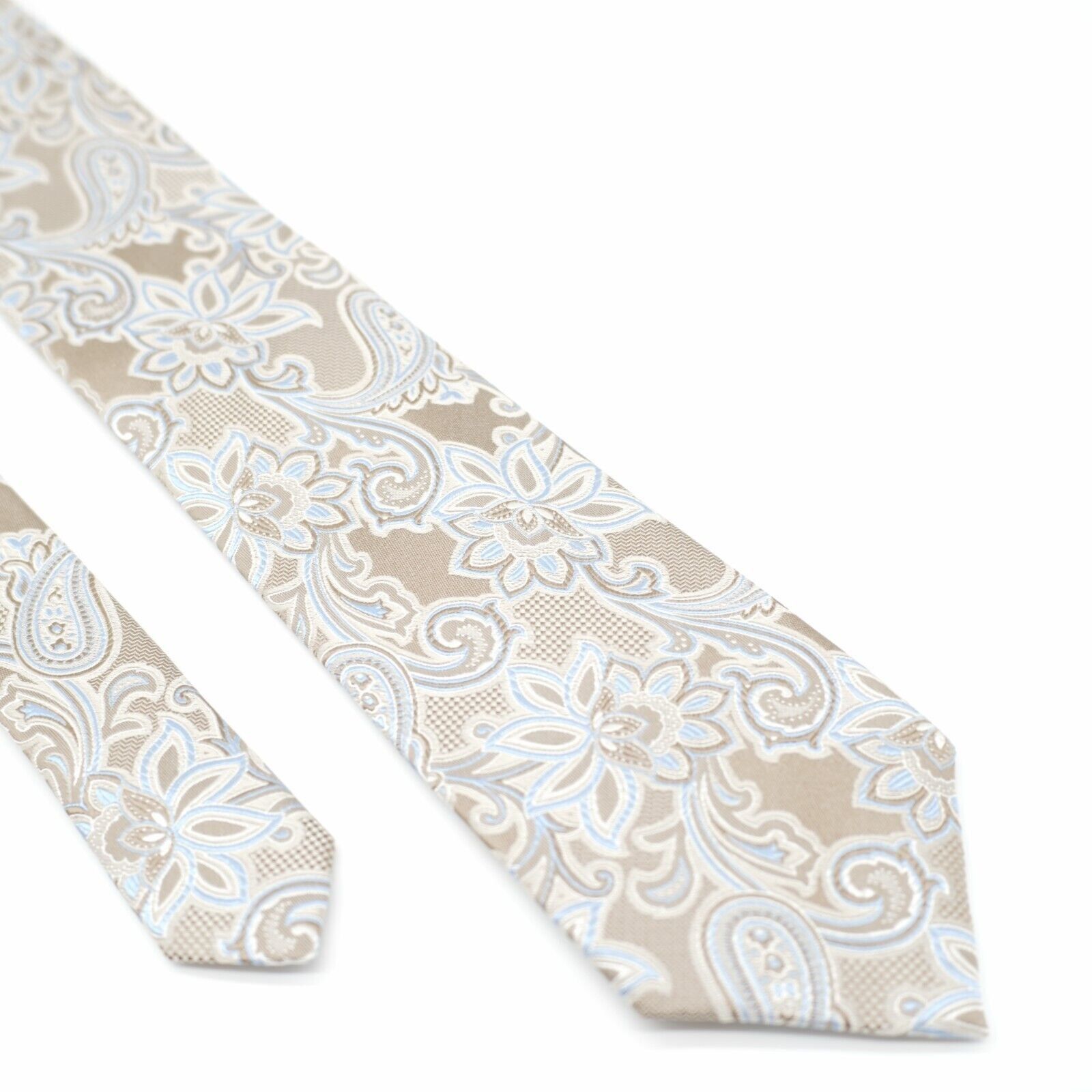 Designer Geoffrey Beene Tan Blue Floral Woven Silk Tie Size ONE SIZE - 1 Thumbnail