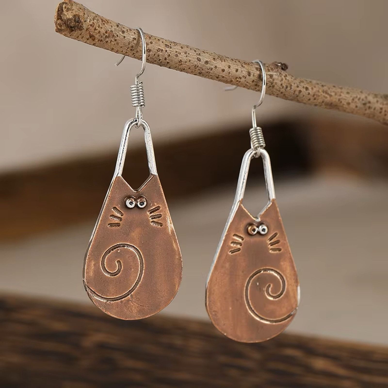 Designer Copper Cat Dangle Earrings Hooks Minimalist Design Size ONE SIZE - 7 Thumbnail