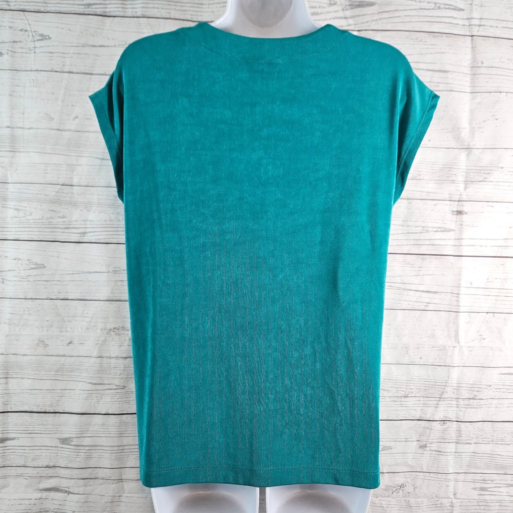 Vintage Chico's Top Shirt Womens Medium Teal Short Sleeve Button Detail Slinky Size M / US 6-8 / IT 42-44 - 4 Thumbnail