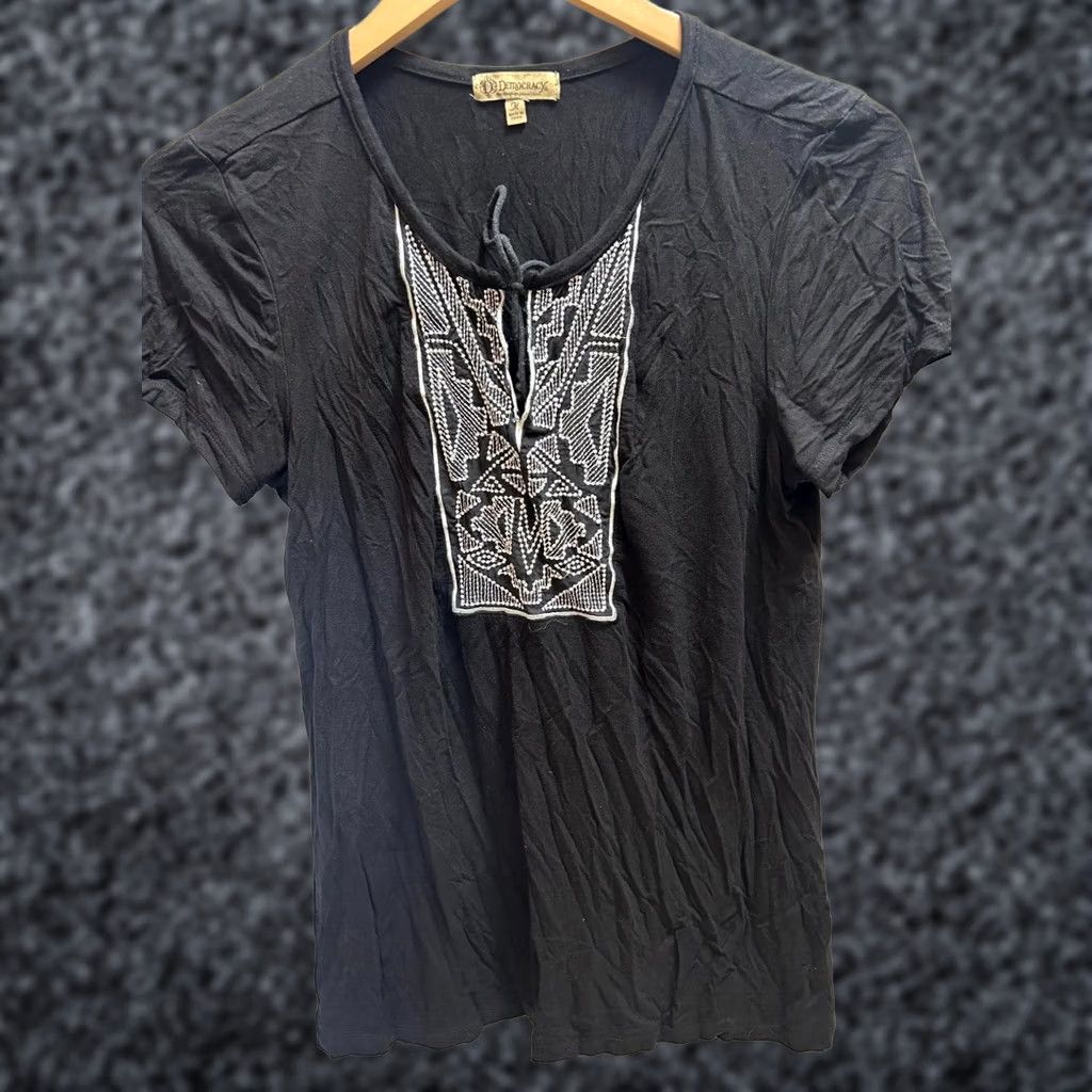 Vintage Democracy Womens Embroidered Tie-Neck Short Sleeve Blouse Top Medium Black Size M / US 6-8 / IT 42-44 - 1 Thumbnail