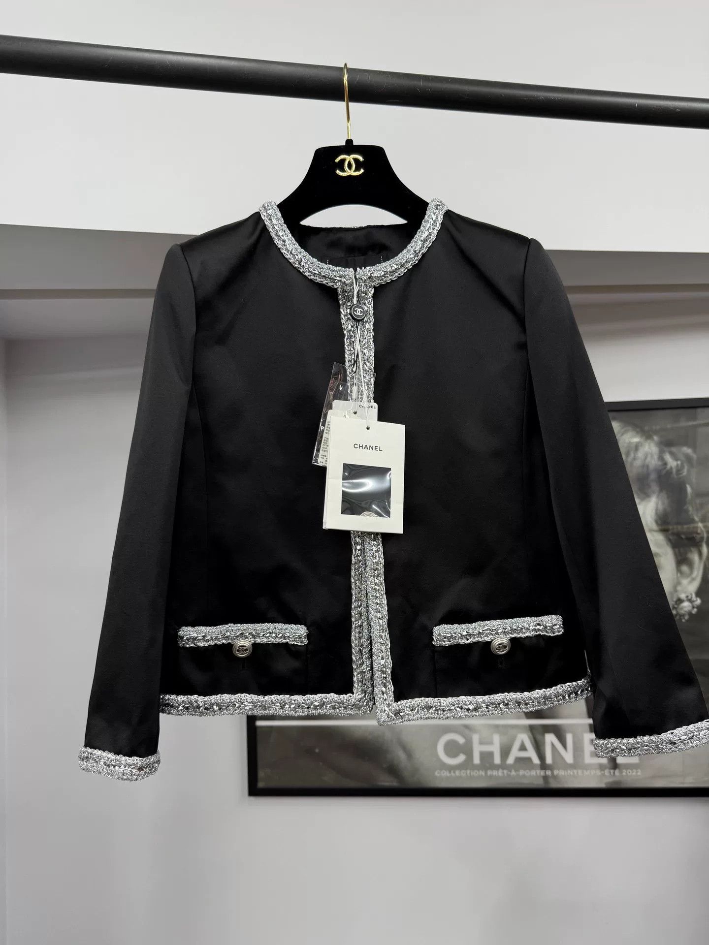Chanel Chanel Black Silk Silver Trim Jacket Size US M / EU 48-50 / 2 - 1 Thumbnail