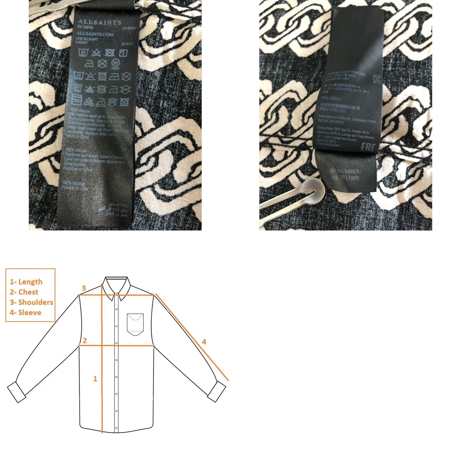 Allsaints AllSaints Men's Link SS Shirt XXL? XL Black Viscose Patterned Lapel Collar Shirt Size US XL / EU 56 / 4 - 9 Thumbnail