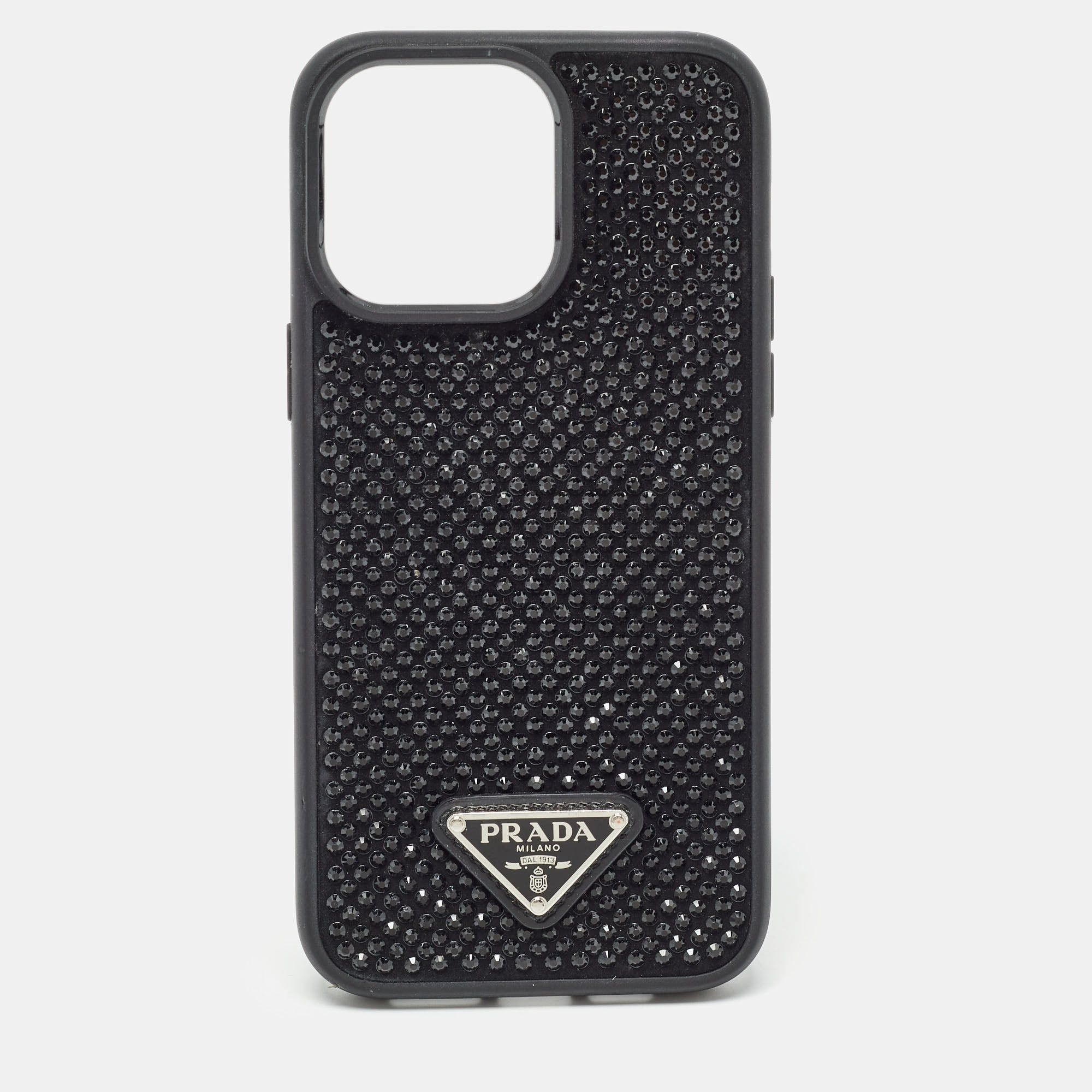 image of Prada Black Rubber Crystals Embellished Iphone 14 Pro Case, Women's