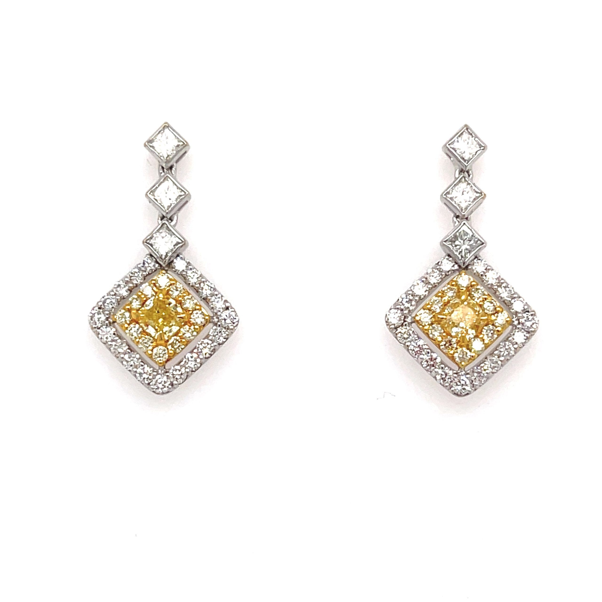 image of Fancy Yellow Diamond Drop Earrings In 18K White Gold (1.75 Ctw), Women's