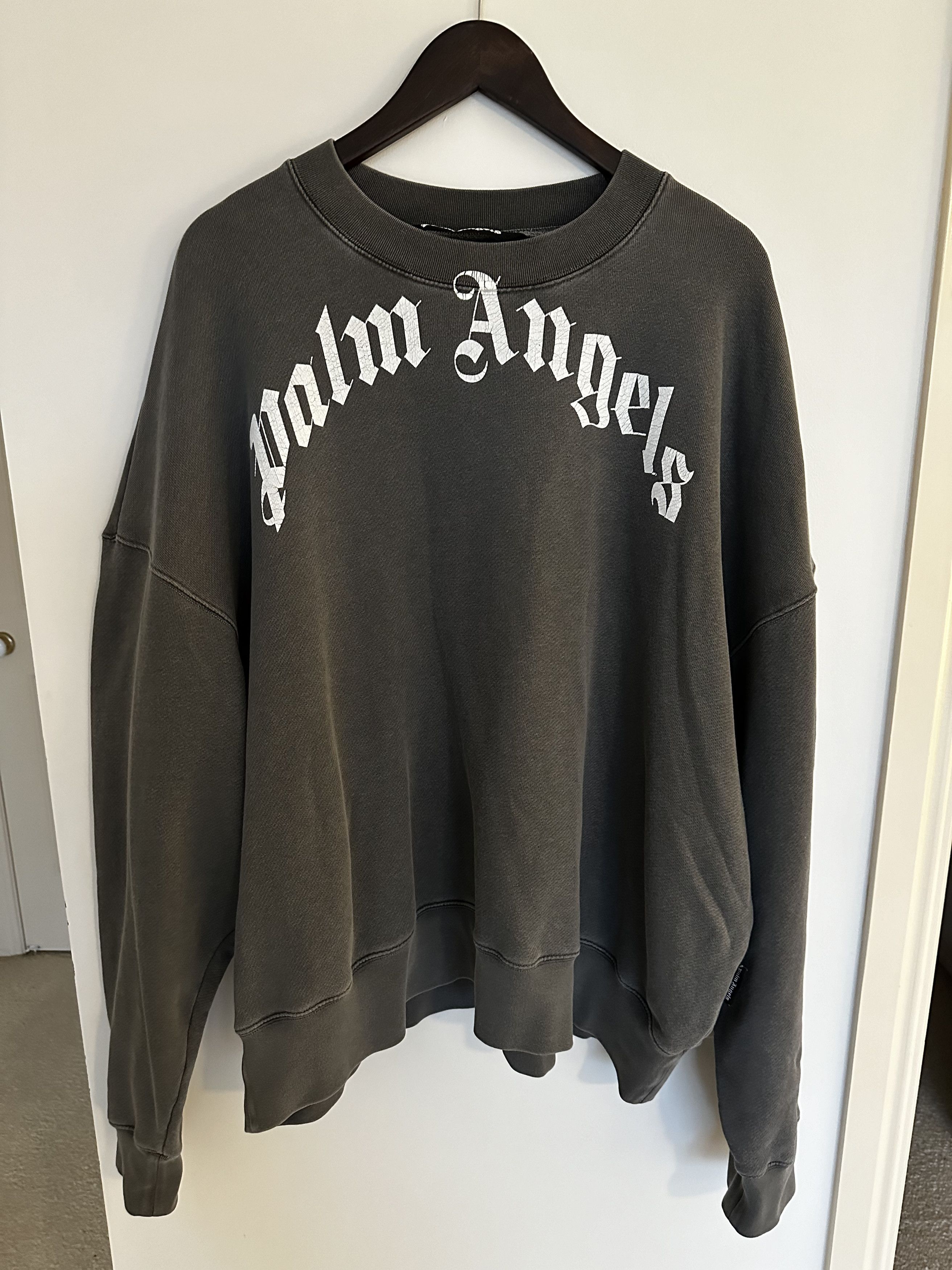 image of Palm Angels Curved Logo Sweatshirt in Grey, Men's (Size XL)