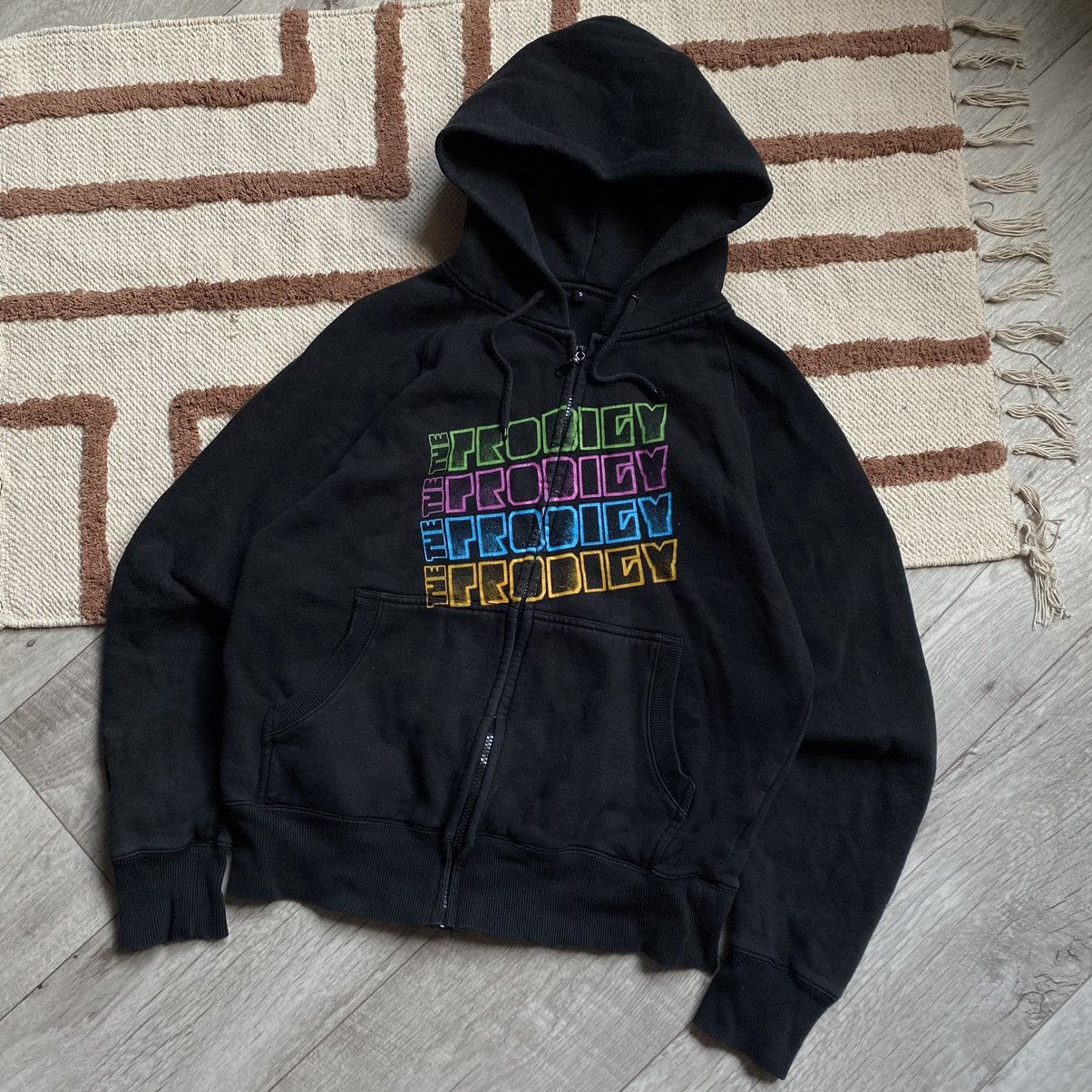 image of Band Tees x Vintage The Prodigy Y2K Band Neon Logo Heavy Zip Hoodie in Black, Men's (Size Small)