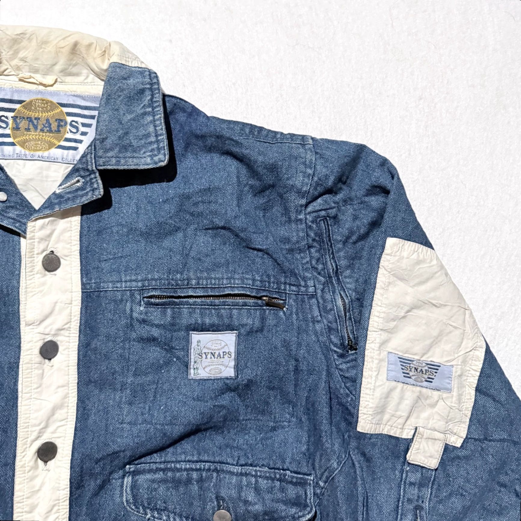 Denime VINTAGE Synaps Denim Jacket White Contrast Panels Logo Patch Applique XL Men Brown? Size US XL / EU 56 / 4 - 4 Thumbnail