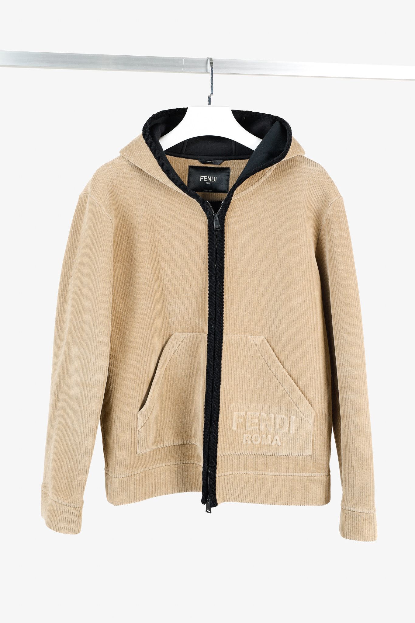 Fendi Fendi Tan Corduroy Logo-Embossed Zip Hooded Jacket Size US M / EU 48-50 / 2 - 1 Thumbnail