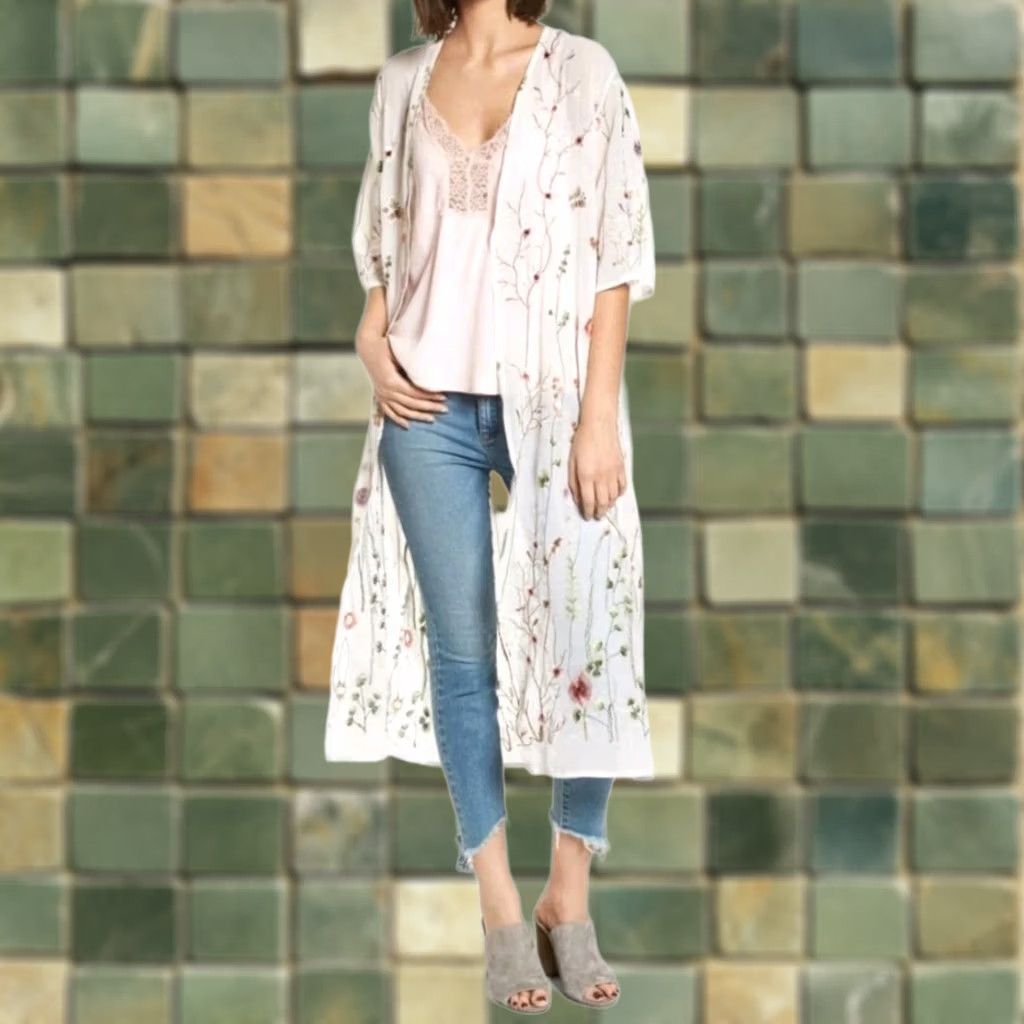Vintage Woven Heart Kimono S/M Sheer Embroidered Wildflower Longline Hippie Bohemian Size S / US 4 / IT 40 - 1 Thumbnail