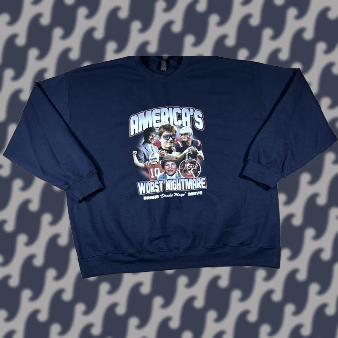 Gildan VINTAGE Drake Maye New England Patriots Barstool Crewneck Sweatshirt • Men's Size 2XL Blue Graphic Print Sweatshirt Mens 2XL Size US XXL / EU 58 / 5 - 1 Thumbnail
