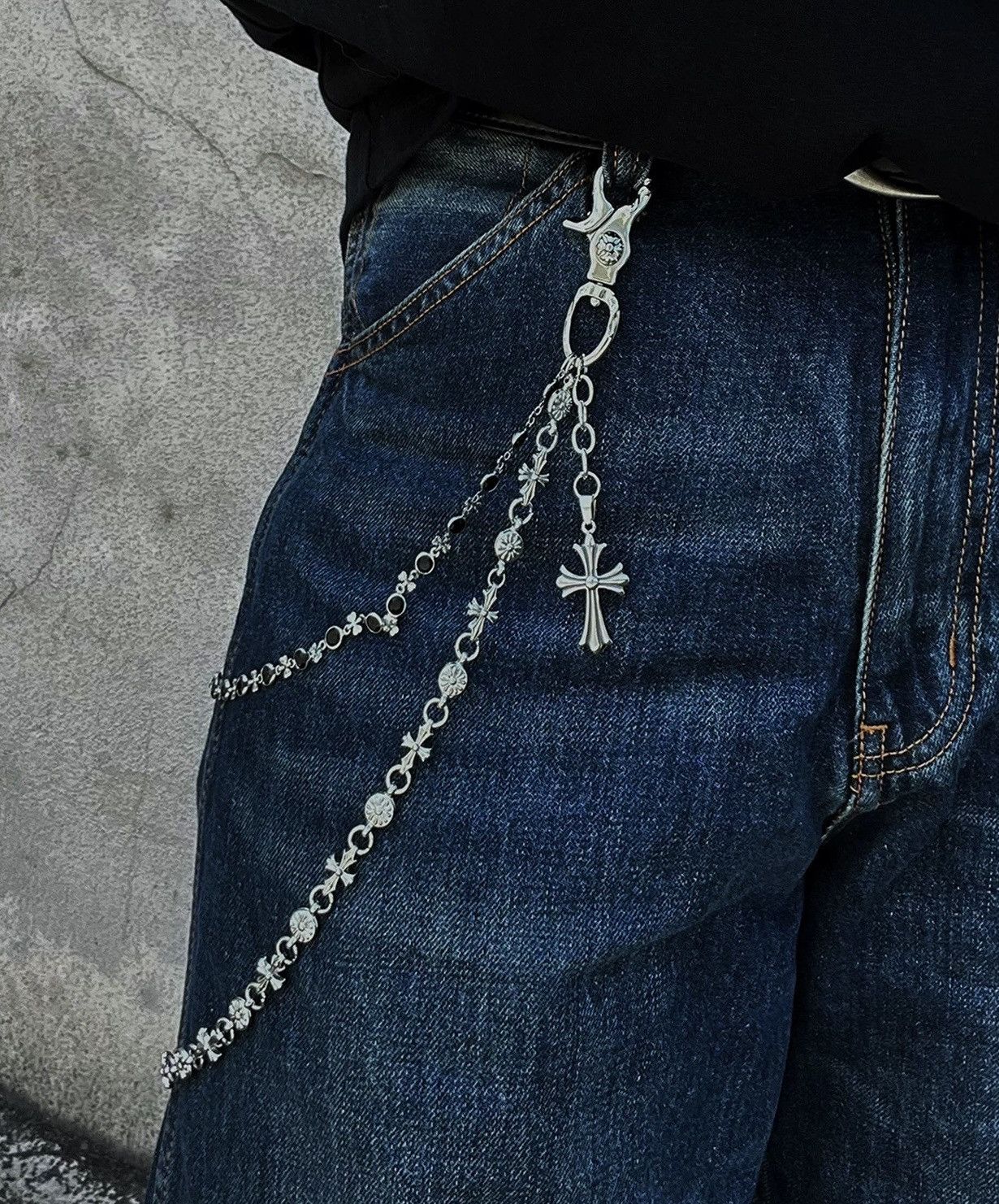 Jewelry Retro Streetwear Punk Cross Double Layer Pocket Wallet Chain in Silver, Men's