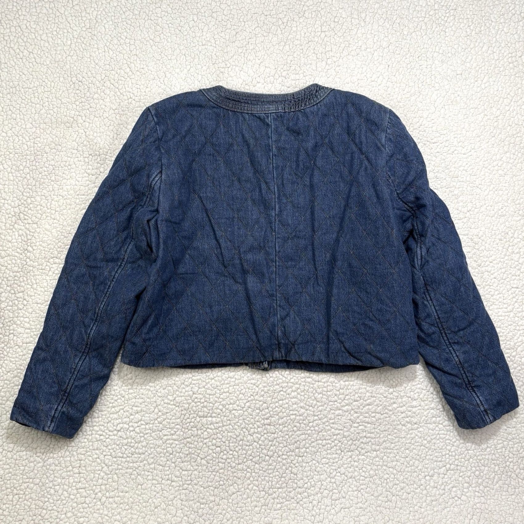 Ann Taylor NWT Ann Taylor Quilted Denim Jacket Petite XL Cropped Dark Wash Blue Button Pocket Collarless Lightweight Lined Short Jacket Women Size XL / US 12-14 / IT 48-50 - 6 Thumbnail