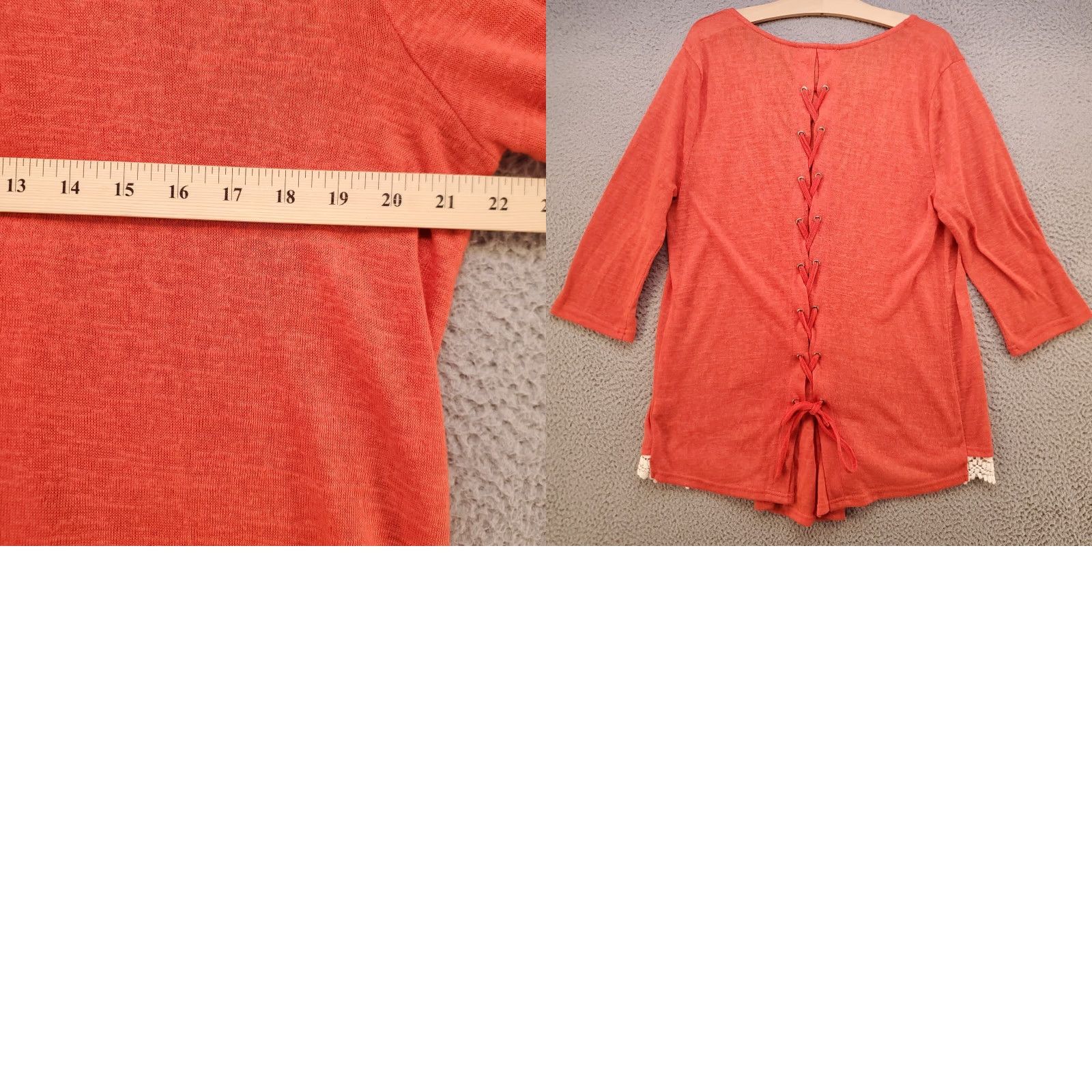 Vintage Womens Lace Up Back Top 1XL Crochet Lace Hem Accent Coral Orange Size XL / US 12-14 / IT 48-50 - 8 Thumbnail