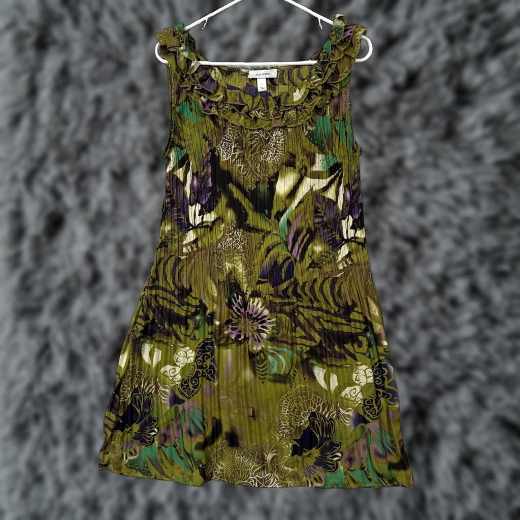 Vintage Dressbarn Dress 10 Green Tropical Floral Ruffled Pleated Earthy Lagenlook Size L / US 10 / IT 46 - 1 Thumbnail