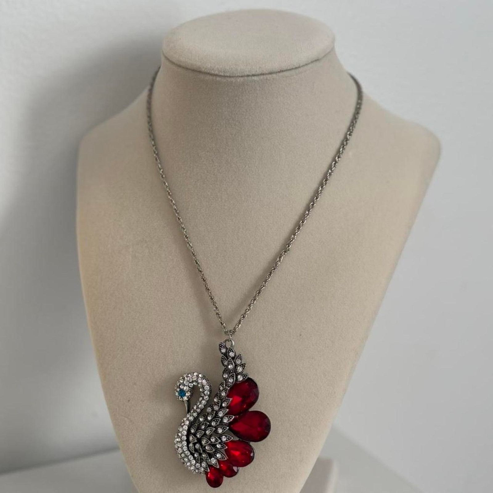 Other Red Silver Peacock Necklace Rhinestone Pendant Statement Size ONE SIZE - 1 Thumbnail