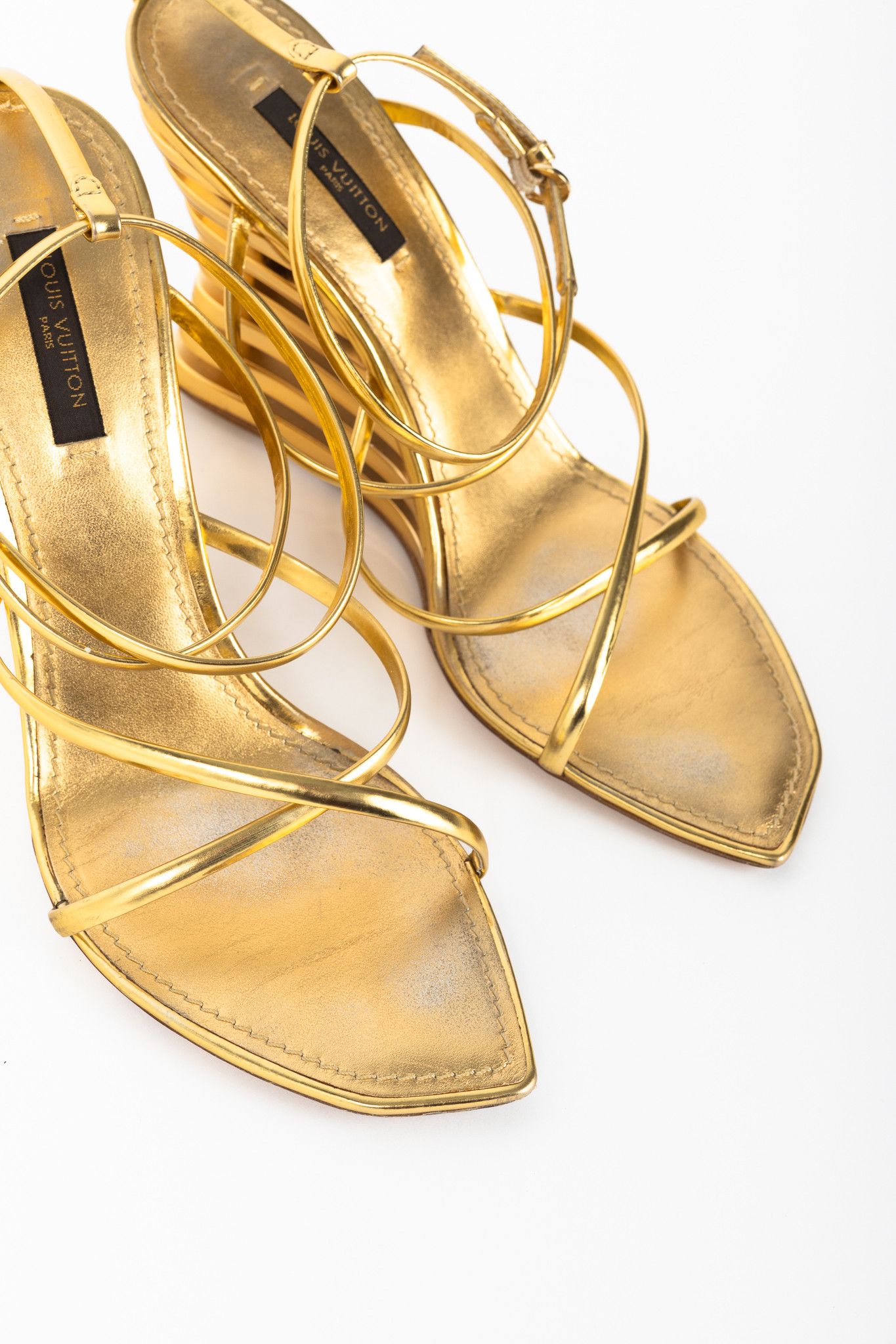 Louis Vuitton Louis Vuitton Lime Wedge Gold Leather Stepped-Heel Sandals Size US 7 / IT 37 - 6 Thumbnail